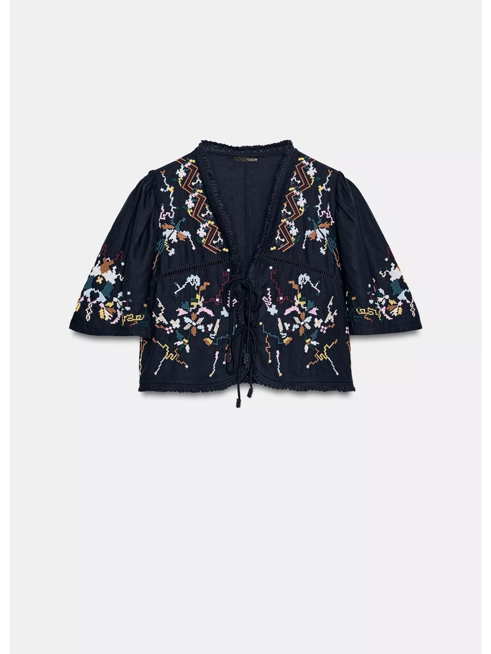 Zara Navy Embroidered Tie-Front Blouse